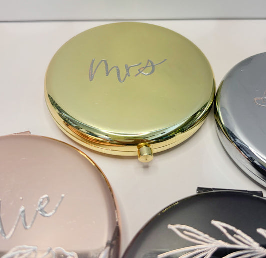 Custom Engraved Compact Mirror | Personalized Bridesmaid Gift, Wedding Favor, Name or Floral Design | Hand Engraved Mirror