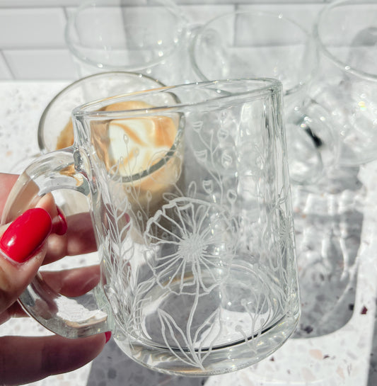 Hand Engraved Floral Glass Mug: Unique Botanical Coffee or Tea Mug